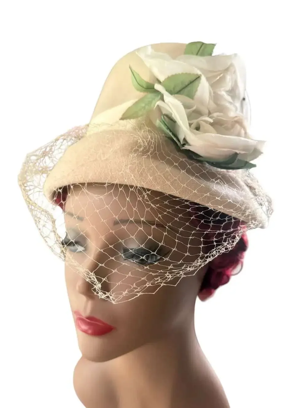 Vintage 1940s Beige Felt Brimmed Bucket Hats for Women, Large White Flower, Veil